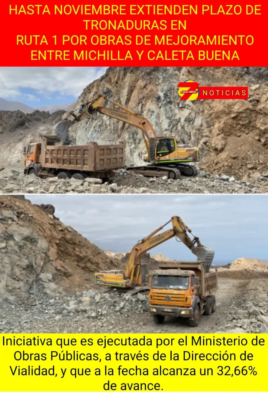 Hasta noviembre extienden plazo de tronaduras en Ruta 1 por obras de mejoramiento entre Michilla...