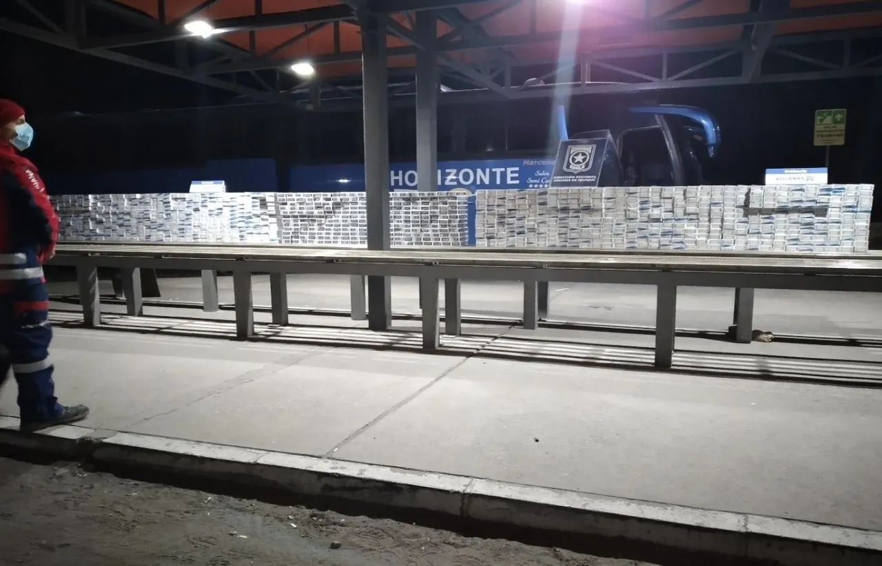 Aduanas detecta bus con 12.430 cajetillas de cigarros.